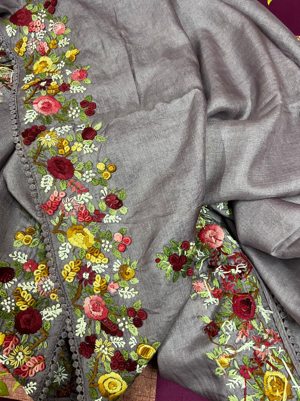 Lavender tussar saree French knot sarees hand embroidered sarees blouse