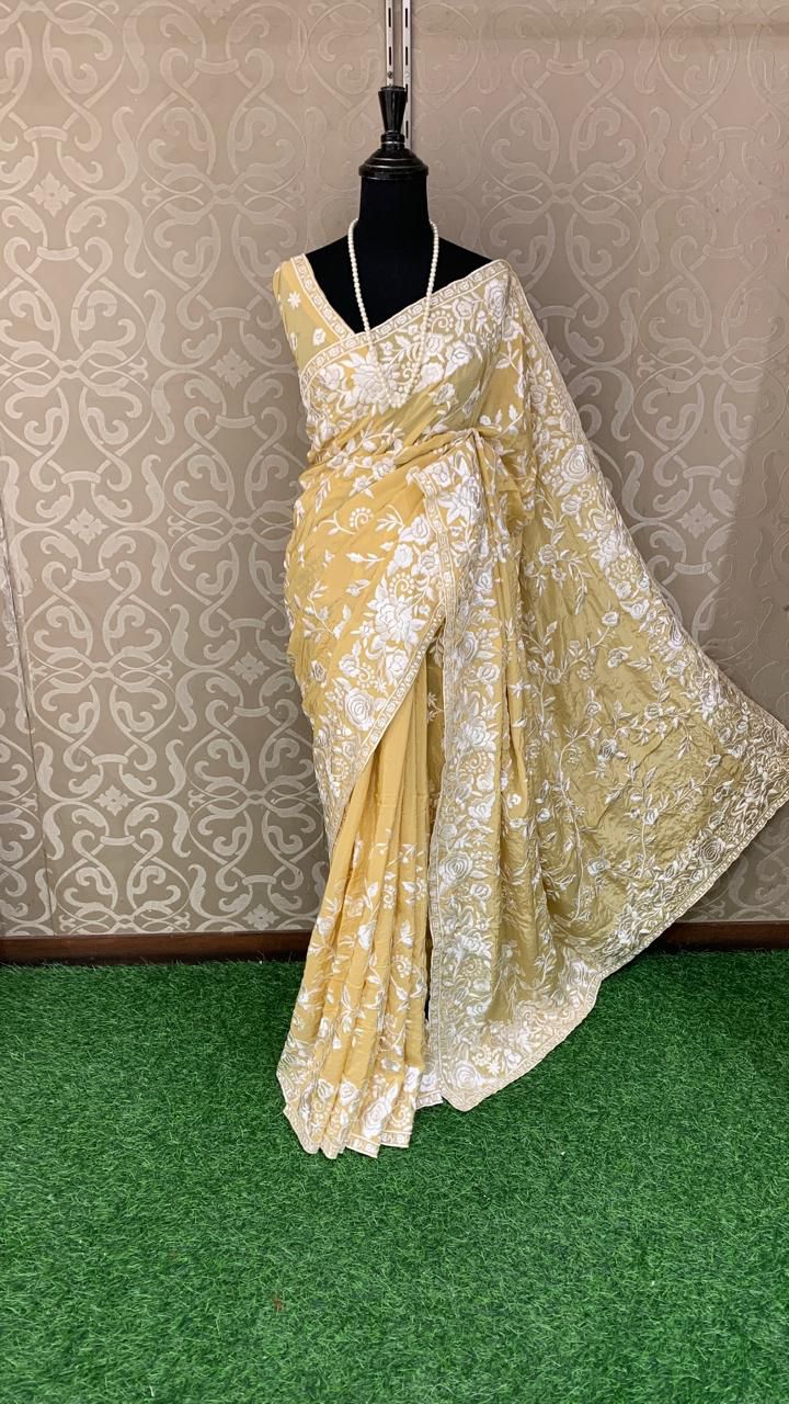 Embroidered saree Gorgette saree thread work sari blouse