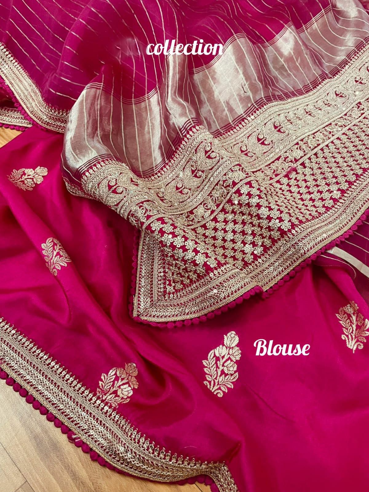 Pink striped organza saree women saree blouse