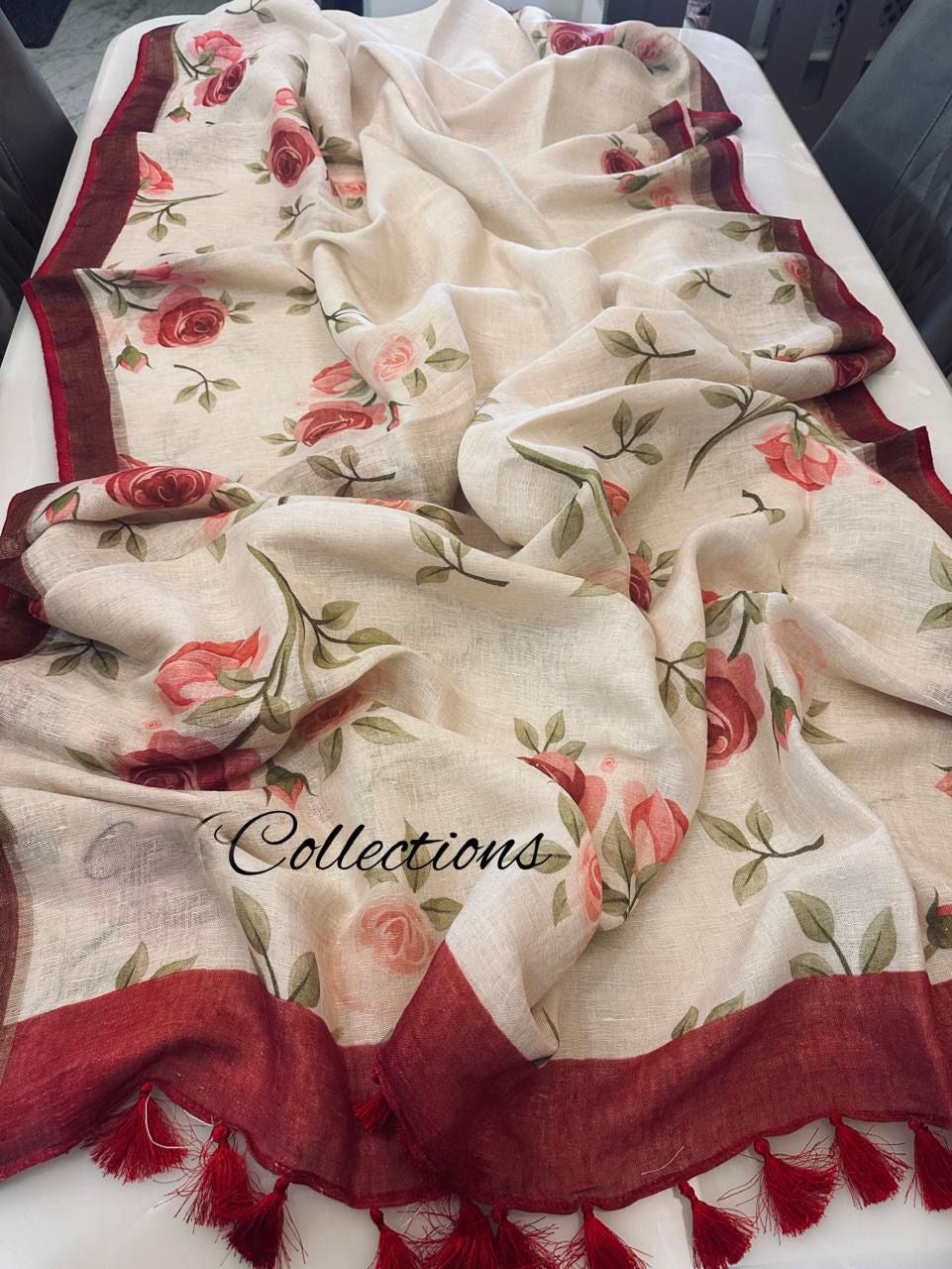 Floral Linen Saree Indian sari Women Sari