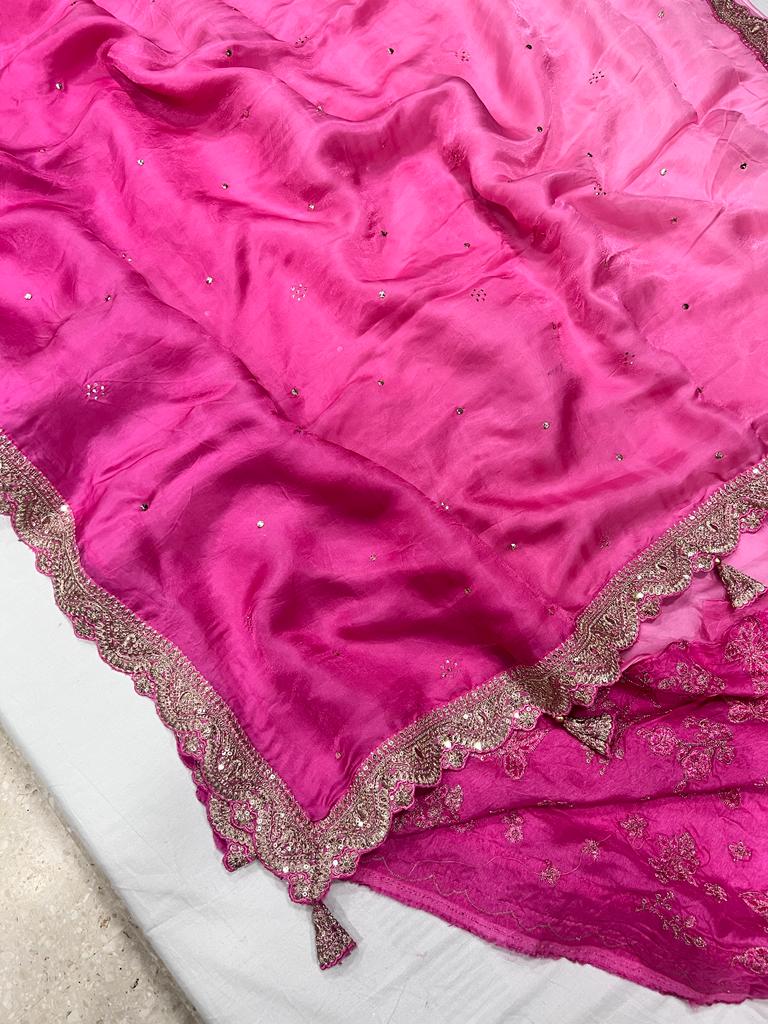 Pink shaded satin organza saree