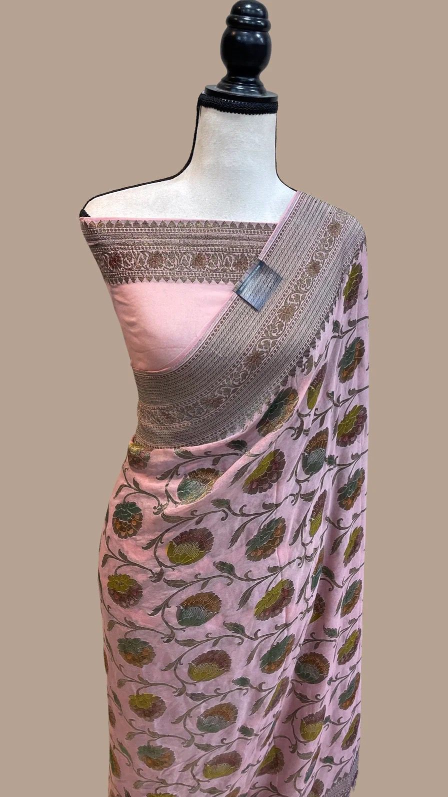 Baby pink Banarsi handloom gorgette sari