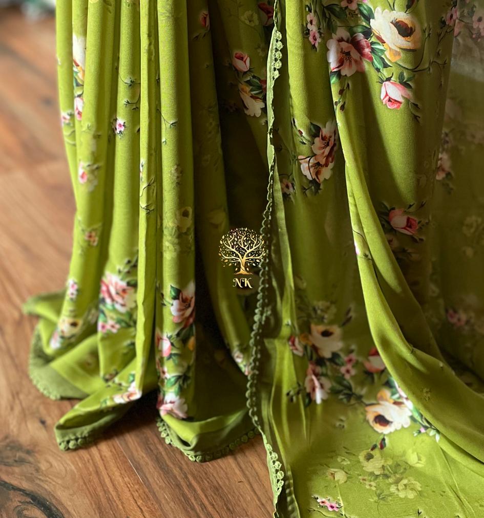 Green floral printed crepe saree