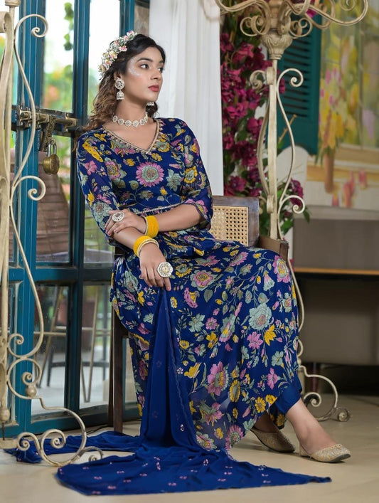 Floral blue Anarkali Kurti dress