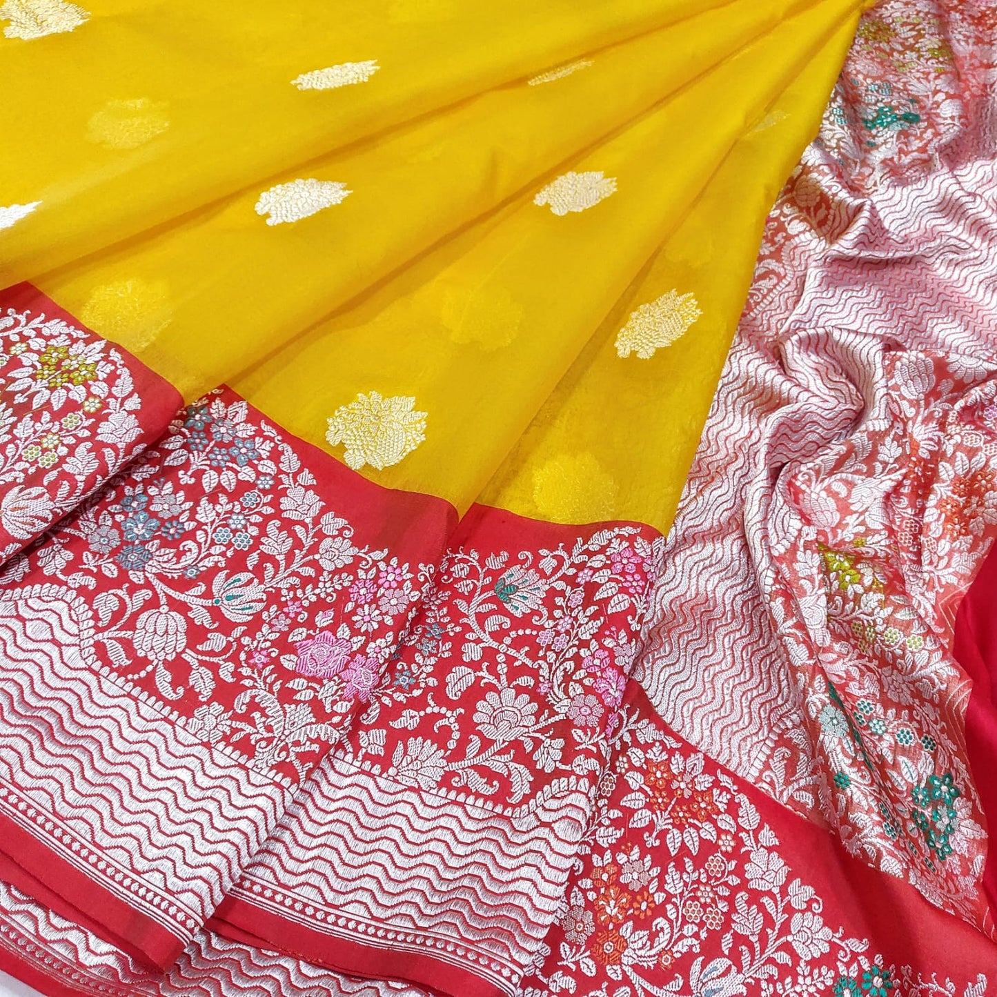 Yellow Katan handwoven kadwa saree