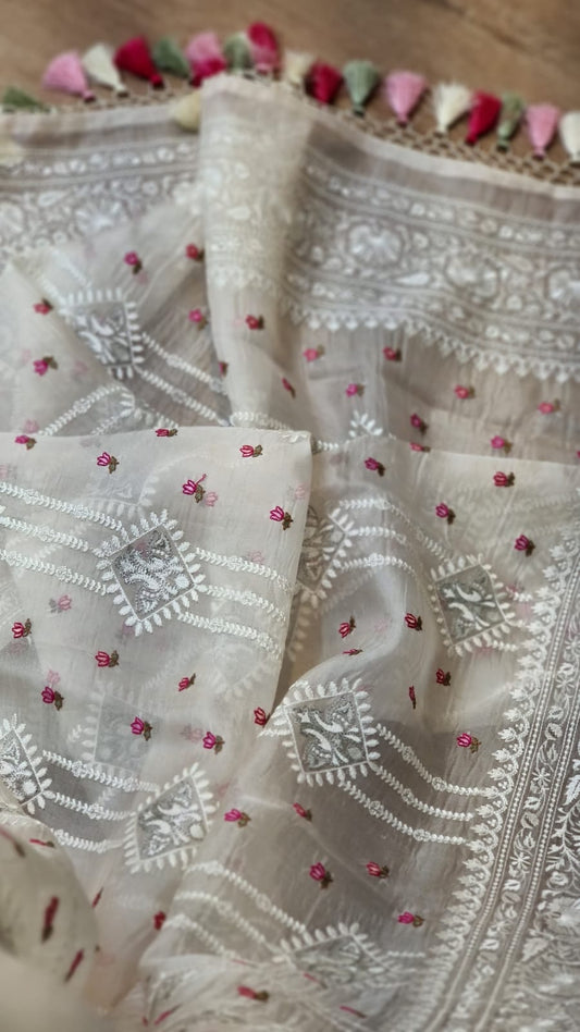 White organza silk embroidery sarees