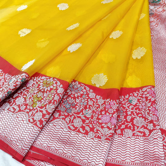 Yellow Katan handwoven kadwa saree