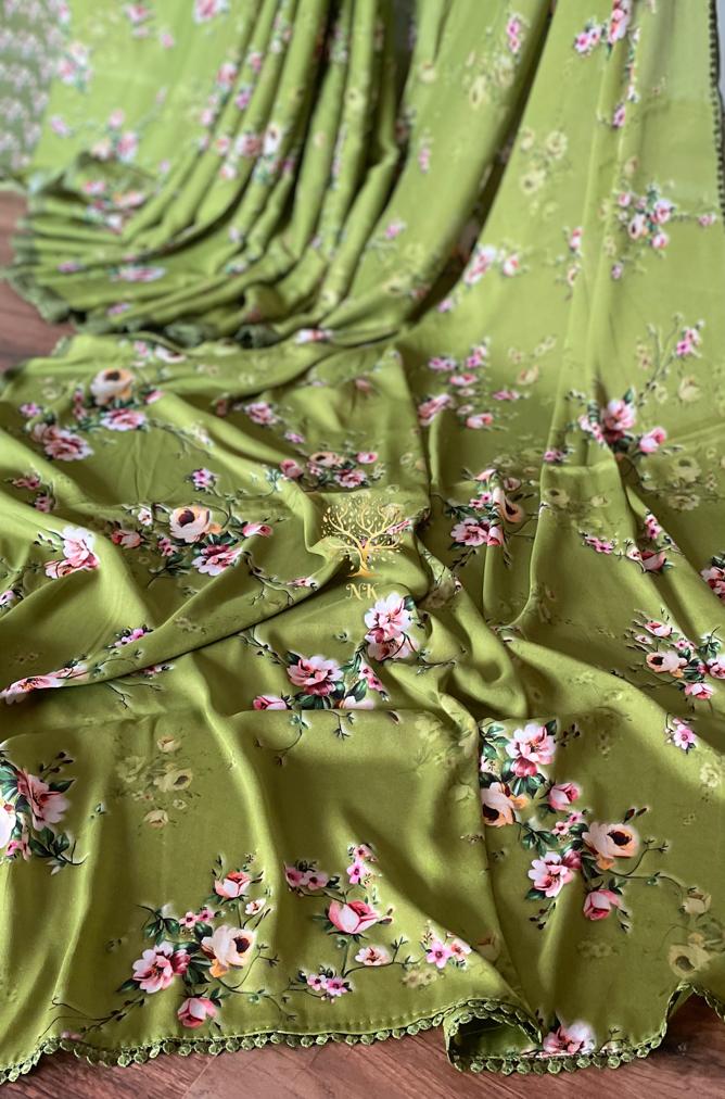Green floral printed crepe saree