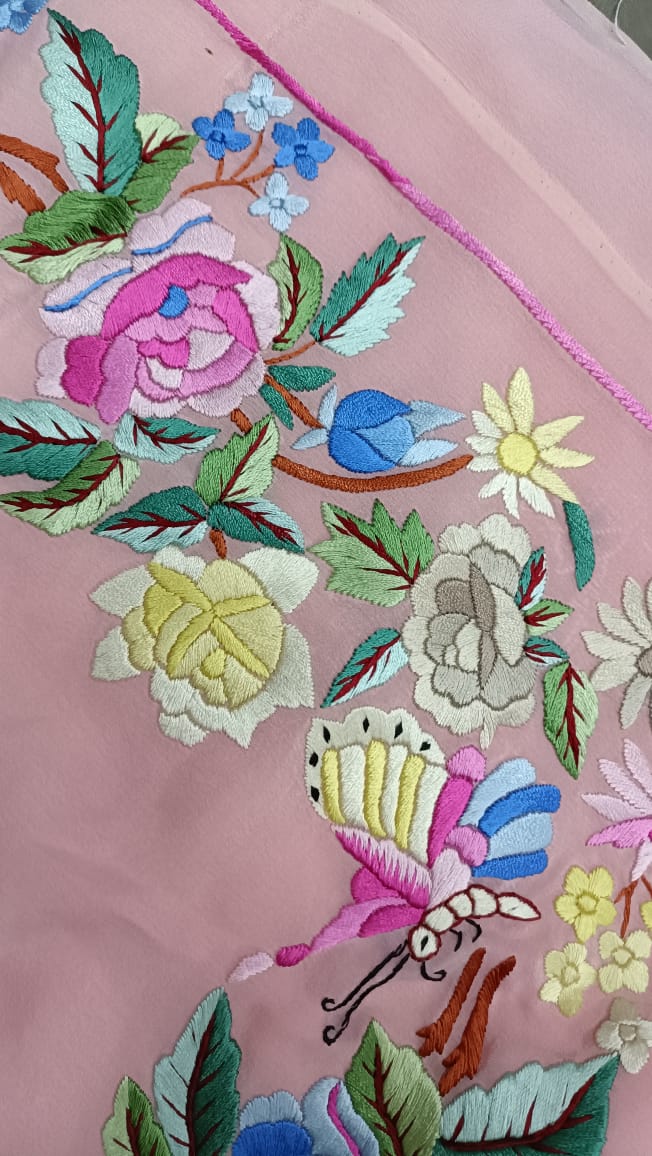 Pink embroidered Parsi Gara saree