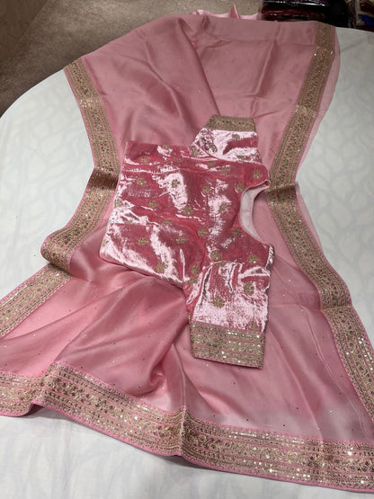 Velvet zardosi organza saree