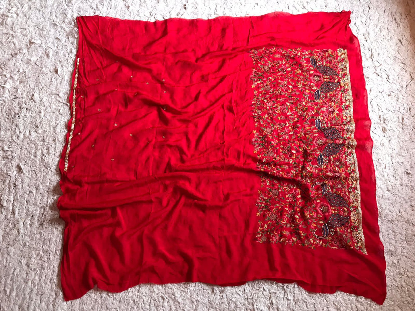 Red peacock inspired Kashmiri saree