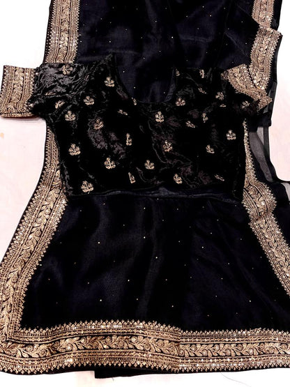 Velvet zardosi organza saree