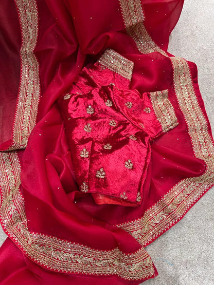 Velvet zardosi organza saree