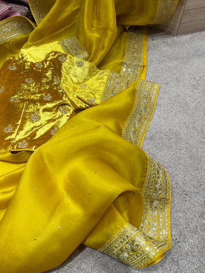 Velvet zardosi organza saree