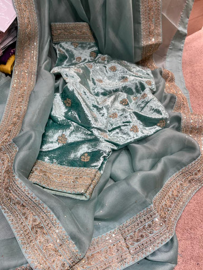 Velvet zardosi organza saree