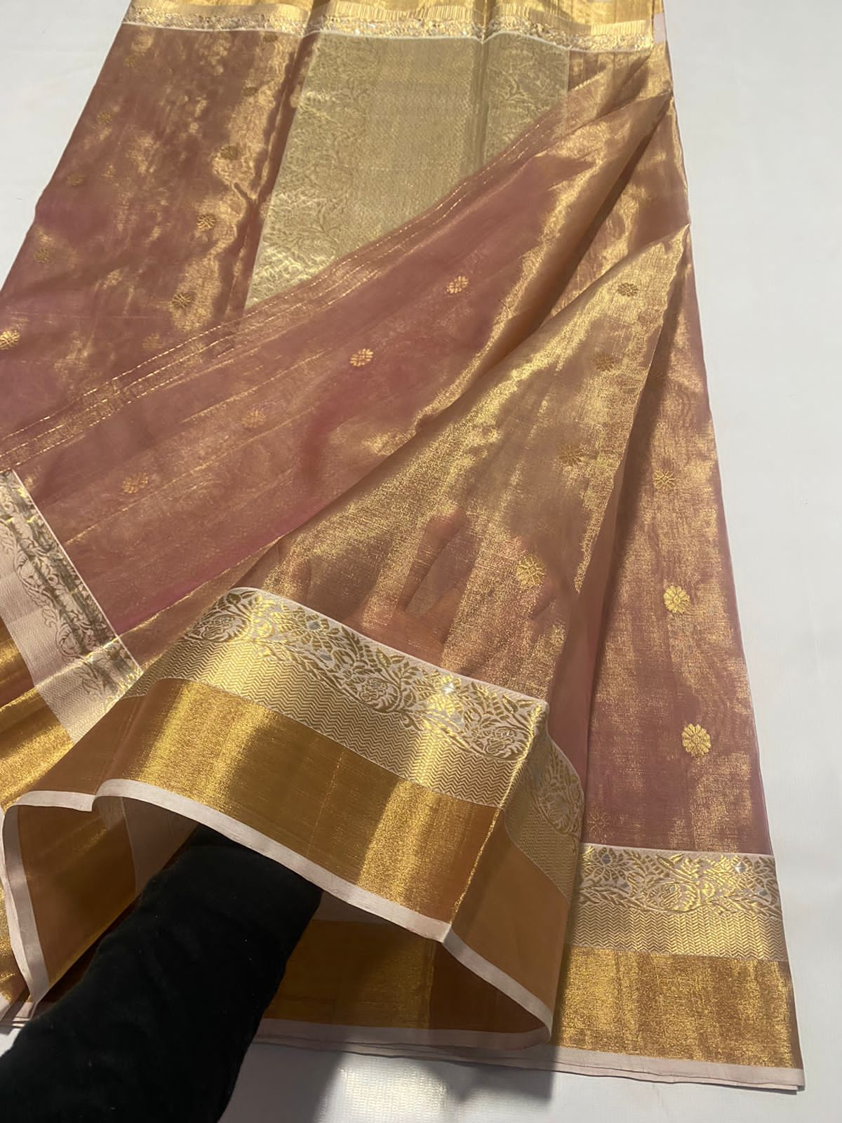 Gold Beige & Red Chanderi Silk Saree with Zari bootis all over – Roots  Handloom