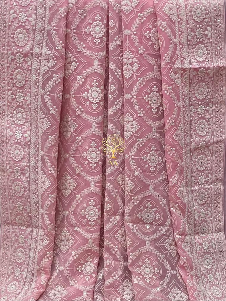 Pinkmania chikankari gorgette saree