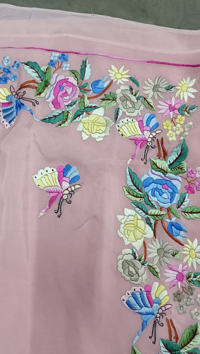 Pink embroidered Parsi Gara saree