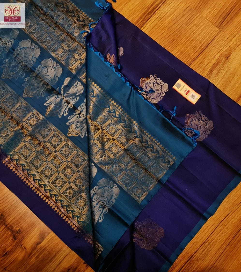 Blue Ganesha inspired kanjivaram saree