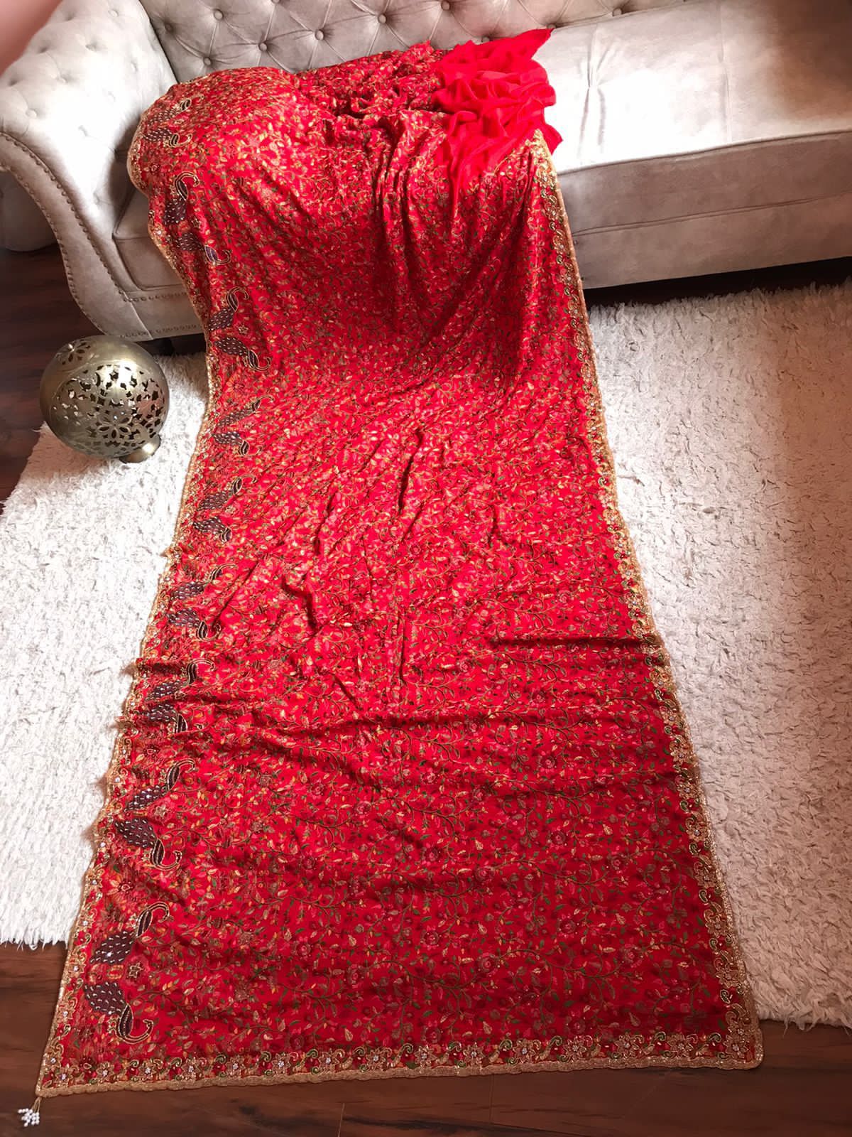 Red peacock inspired Kashmiri saree