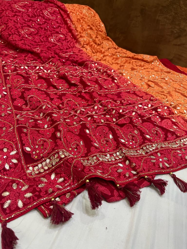 Dyed chikankari gorgette saree
