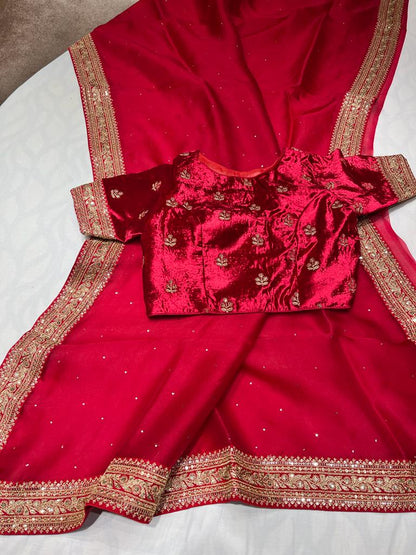 Velvet zardosi organza saree