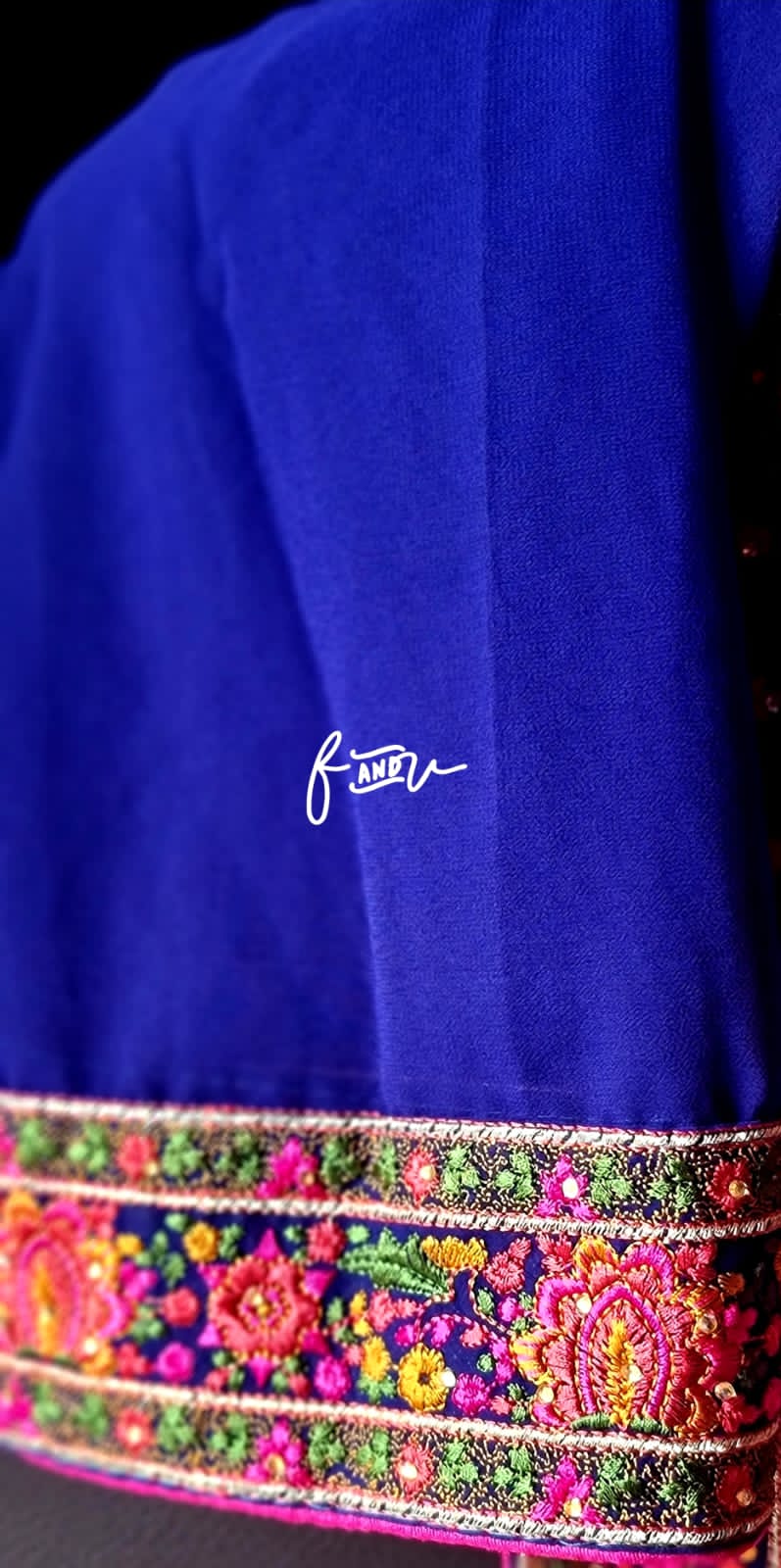 Royal blue Kashmiri gorgette saree