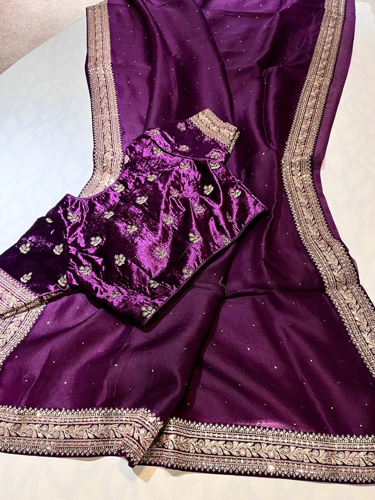 Velvet zardosi organza saree