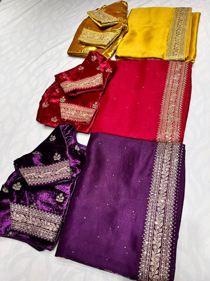 Velvet zardosi organza saree