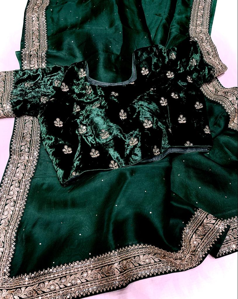 Velvet zardosi organza saree