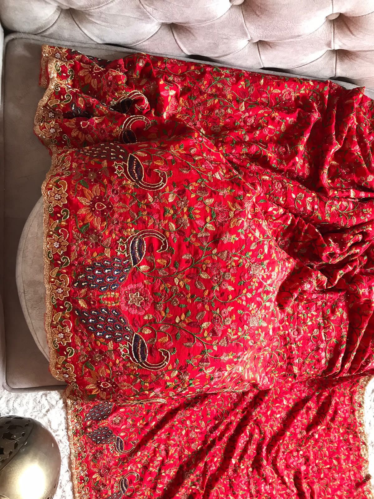 Red peacock inspired Kashmiri saree