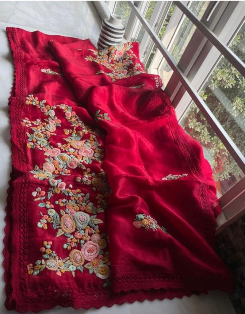 Red embroidered Munga saree