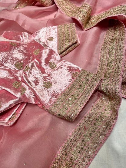 Velvet zardosi organza saree