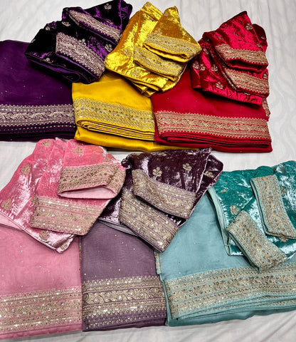 Velvet zardosi organza saree