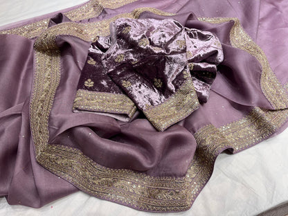 Velvet zardosi organza saree