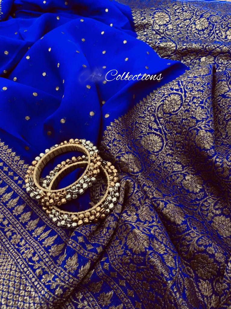 Blue antique inspired gorgette saree
